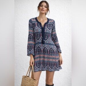 Roxy Boho Paisley Tunic Dress Long Sleeve Blue Pink Small